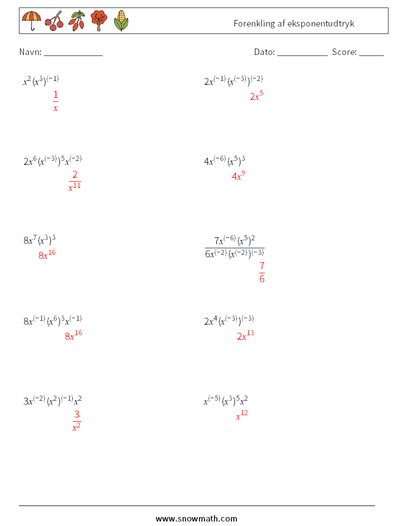  Forenkling af eksponentudtryk Matematiske regneark 5 Spørgsmål, svar