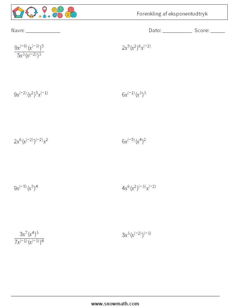  Forenkling af eksponentudtryk Matematiske regneark 6