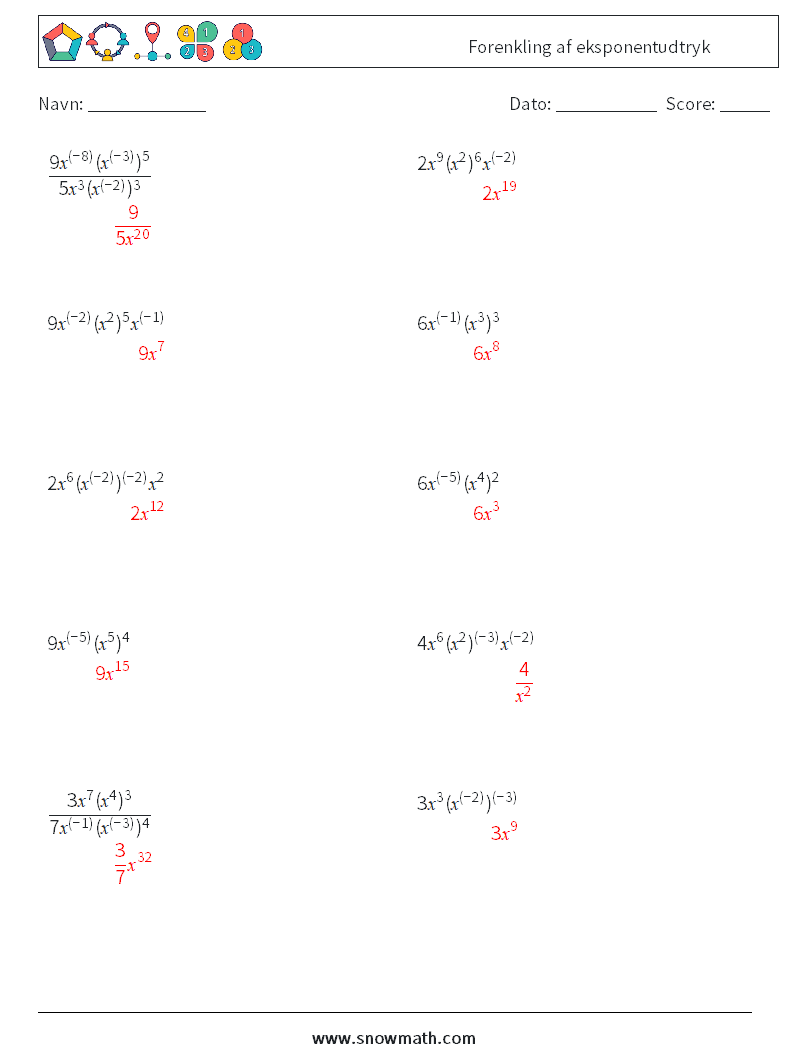  Forenkling af eksponentudtryk Matematiske regneark 6 Spørgsmål, svar