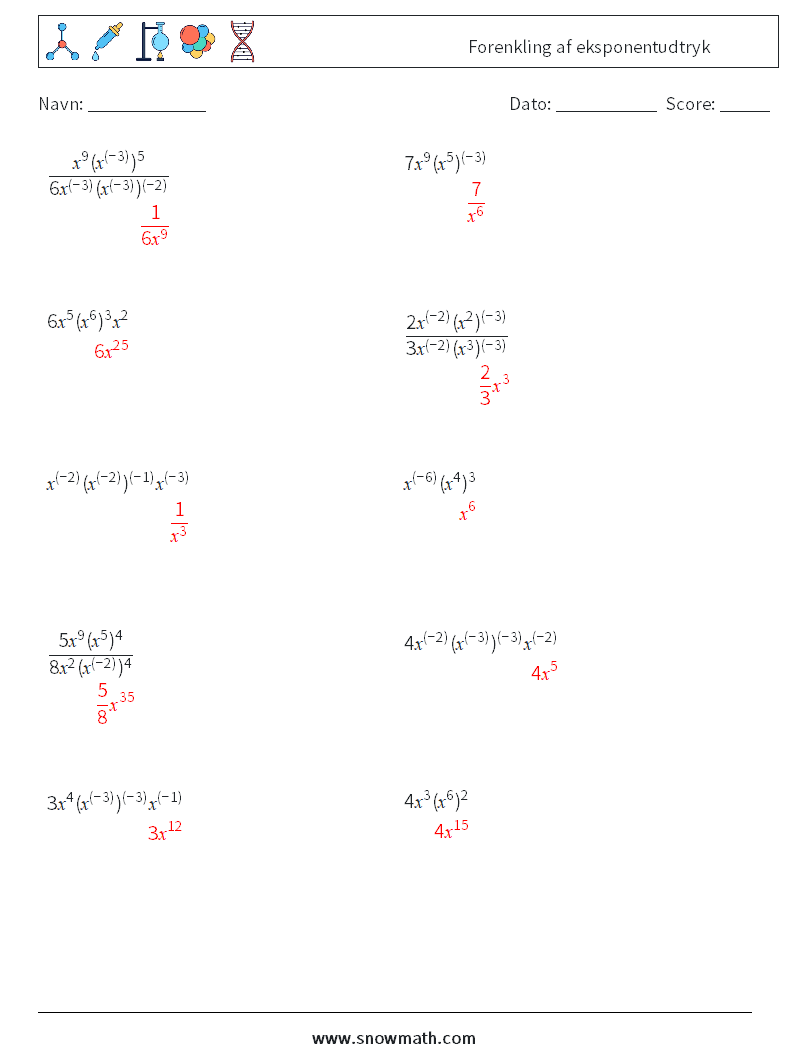  Forenkling af eksponentudtryk Matematiske regneark 7 Spørgsmål, svar