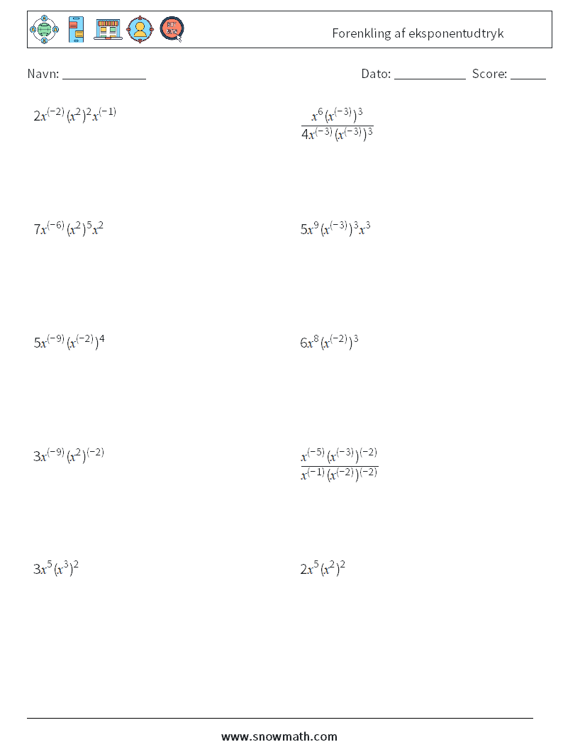  Forenkling af eksponentudtryk Matematiske regneark 8