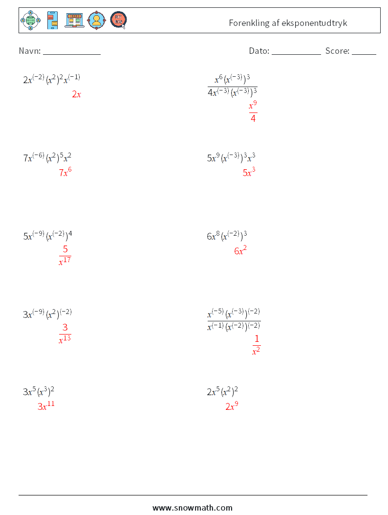  Forenkling af eksponentudtryk Matematiske regneark 8 Spørgsmål, svar