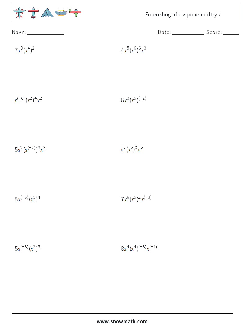  Forenkling af eksponentudtryk Matematiske regneark 9