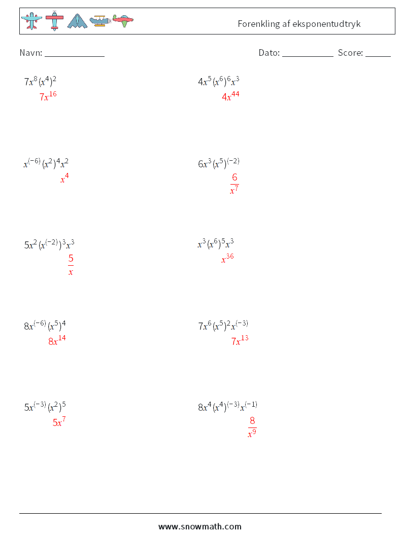  Forenkling af eksponentudtryk Matematiske regneark 9 Spørgsmål, svar