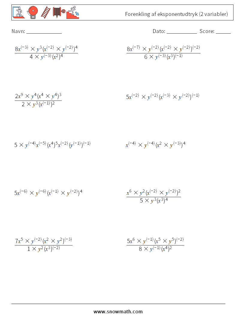  Forenkling af eksponentudtryk (2 variabler) Matematiske regneark 1