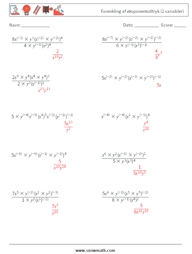  Forenkling af eksponentudtryk (2 variabler) Matematiske regneark 1 Spørgsmål, svar