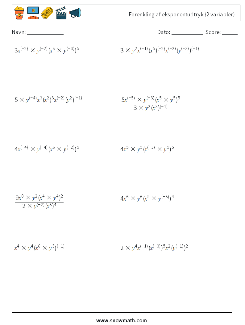  Forenkling af eksponentudtryk (2 variabler) Matematiske regneark 2
