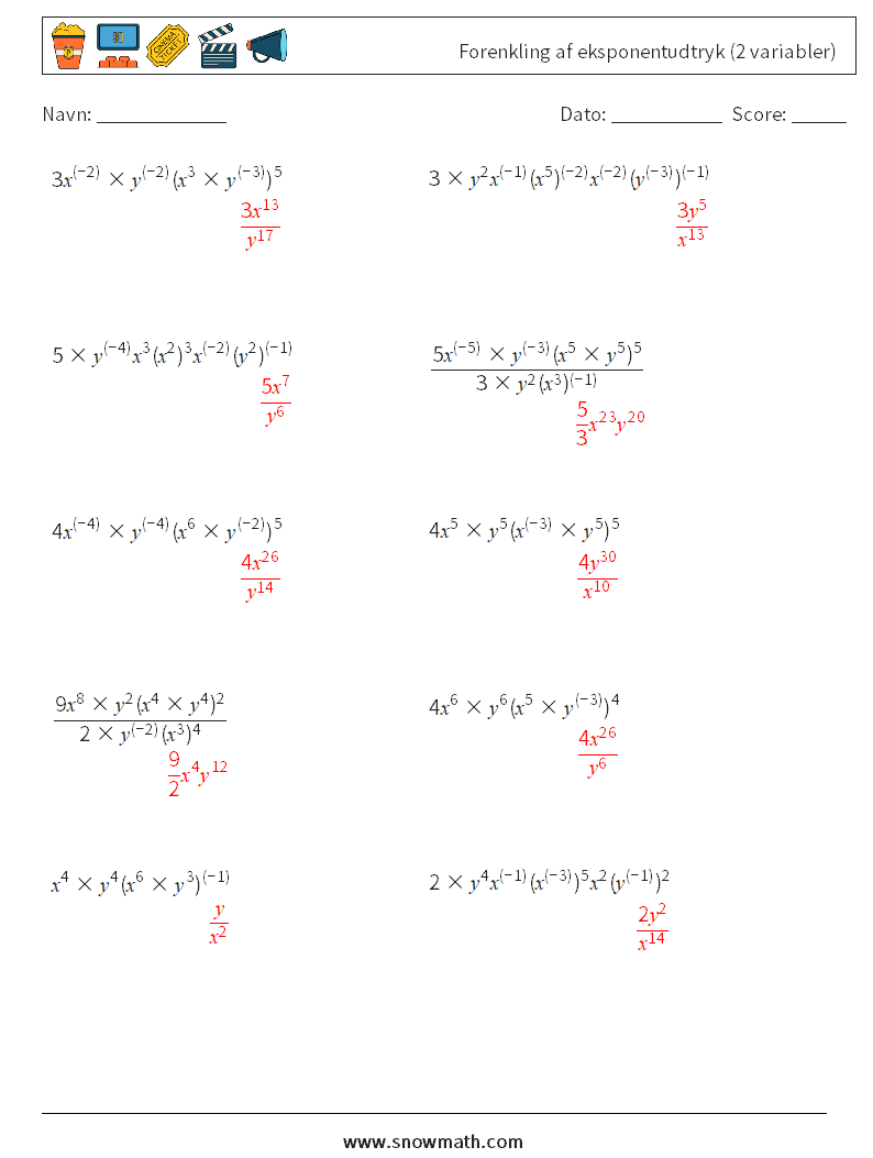 Forenkling af eksponentudtryk (2 variabler) Matematiske regneark 2 Spørgsmål, svar