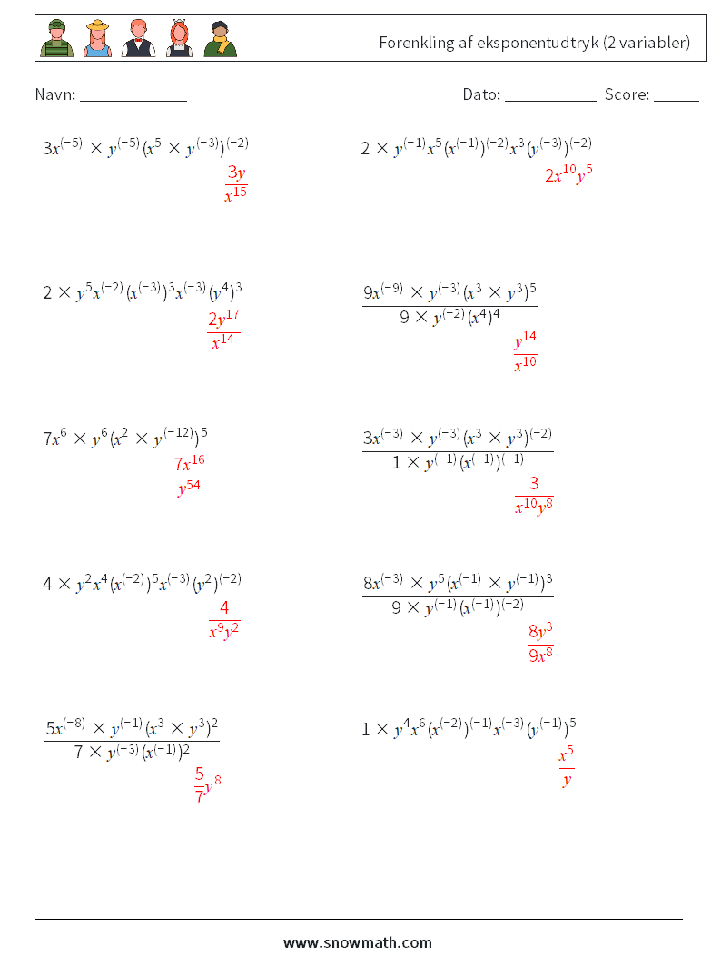  Forenkling af eksponentudtryk (2 variabler) Matematiske regneark 3 Spørgsmål, svar