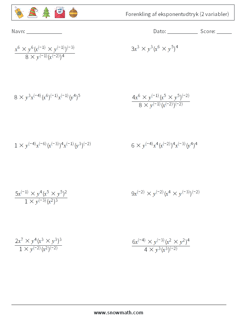  Forenkling af eksponentudtryk (2 variabler) Matematiske regneark 4
