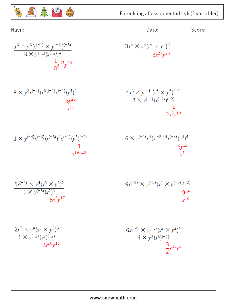  Forenkling af eksponentudtryk (2 variabler) Matematiske regneark 4 Spørgsmål, svar