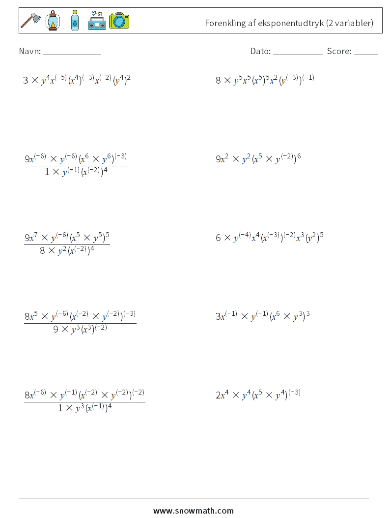  Forenkling af eksponentudtryk (2 variabler) Matematiske regneark 5