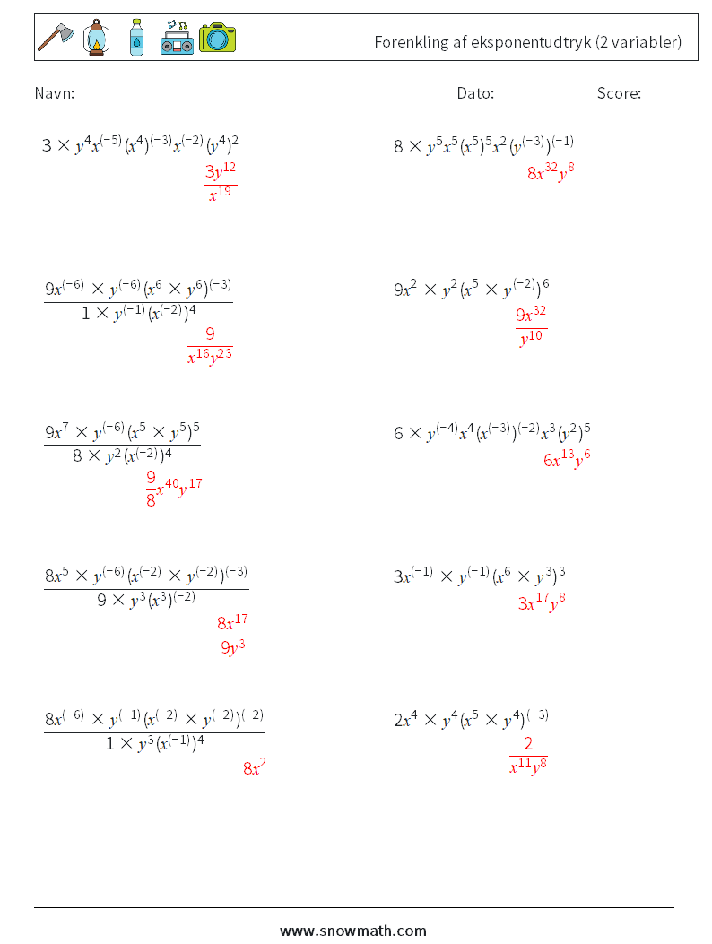  Forenkling af eksponentudtryk (2 variabler) Matematiske regneark 5 Spørgsmål, svar