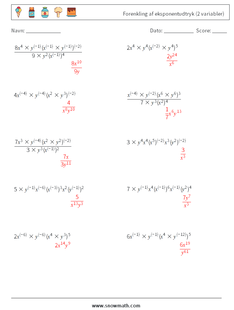  Forenkling af eksponentudtryk (2 variabler) Matematiske regneark 6 Spørgsmål, svar