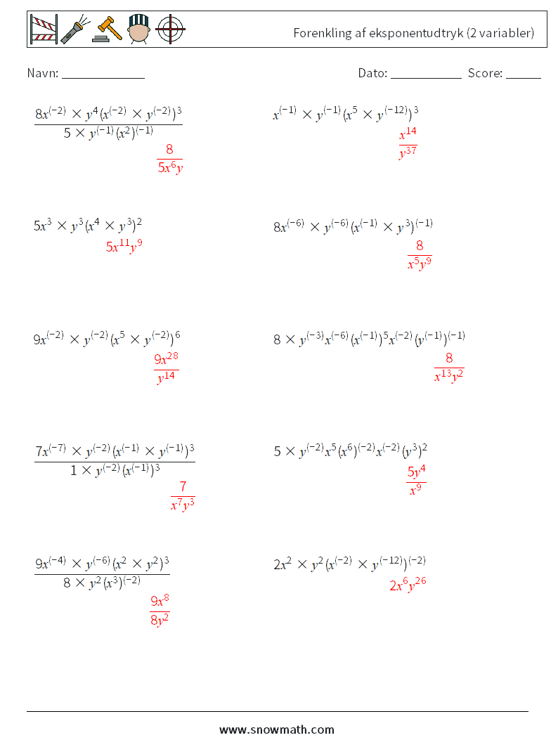 Forenkling af eksponentudtryk (2 variabler) Matematiske regneark 7 Spørgsmål, svar