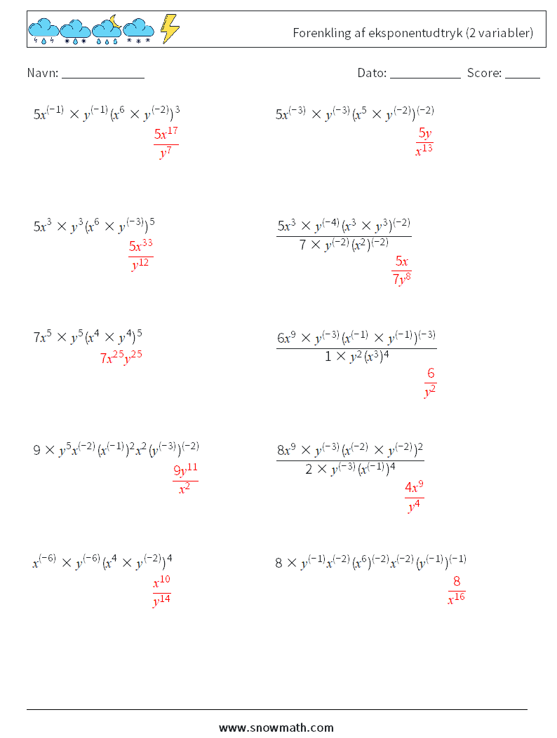  Forenkling af eksponentudtryk (2 variabler) Matematiske regneark 8 Spørgsmål, svar