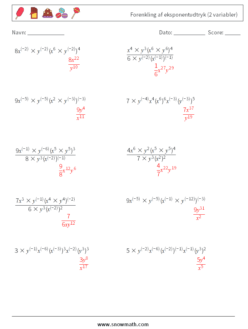  Forenkling af eksponentudtryk (2 variabler) Matematiske regneark 9 Spørgsmål, svar