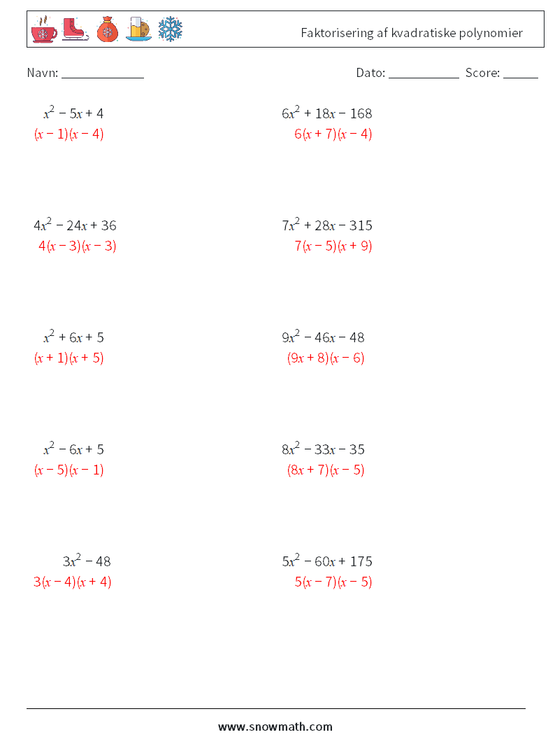 Faktorisering af kvadratiske polynomier Matematiske regneark 1 Spørgsmål, svar