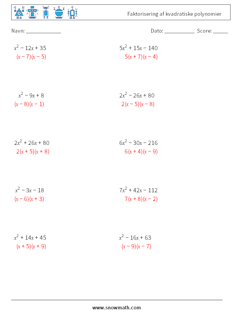 Faktorisering af kvadratiske polynomier Matematiske regneark 3 Spørgsmål, svar