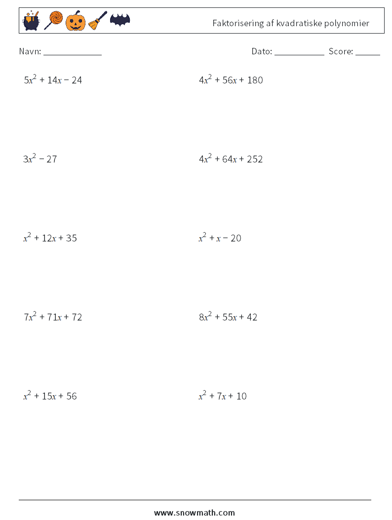 Faktorisering af kvadratiske polynomier Matematiske regneark 4