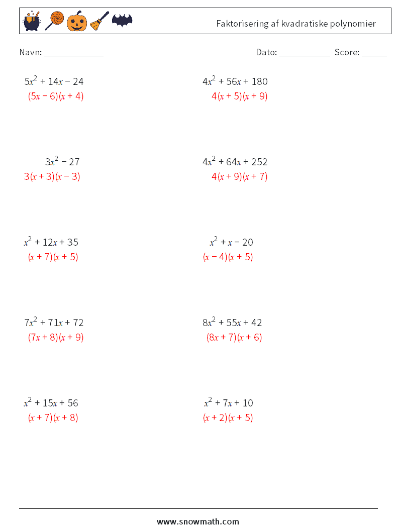 Faktorisering af kvadratiske polynomier Matematiske regneark 4 Spørgsmål, svar