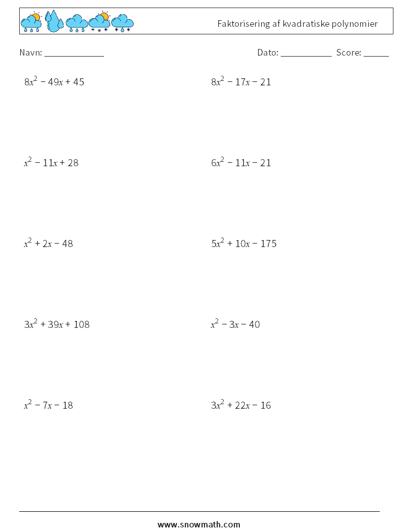 Faktorisering af kvadratiske polynomier Matematiske regneark 5