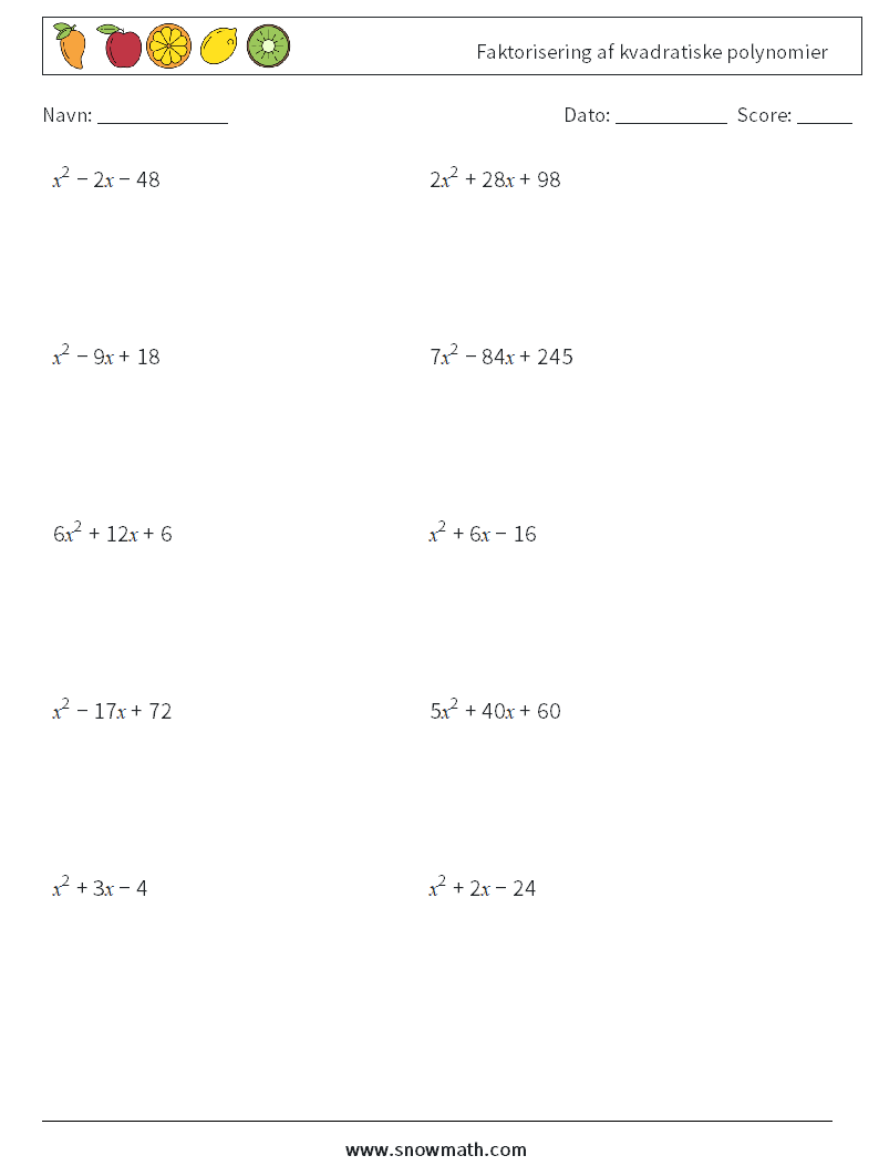 Faktorisering af kvadratiske polynomier Matematiske regneark 6