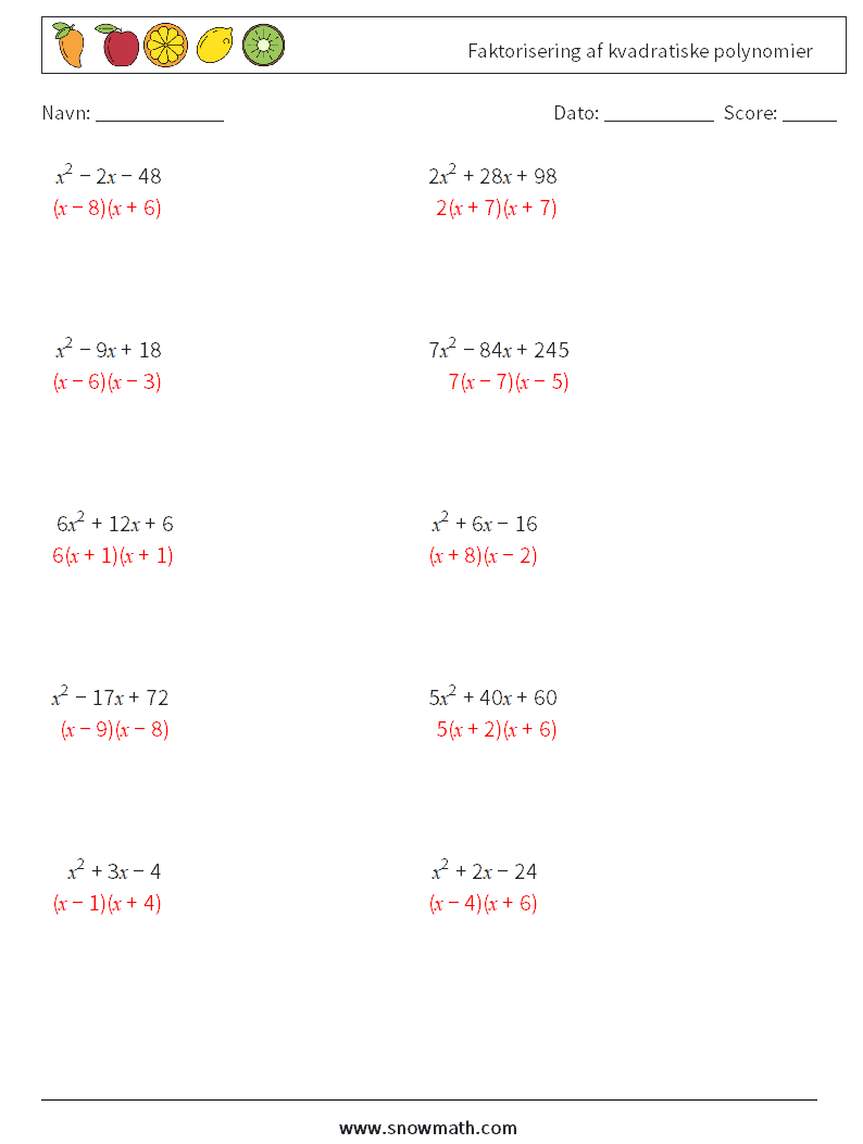 Faktorisering af kvadratiske polynomier Matematiske regneark 6 Spørgsmål, svar