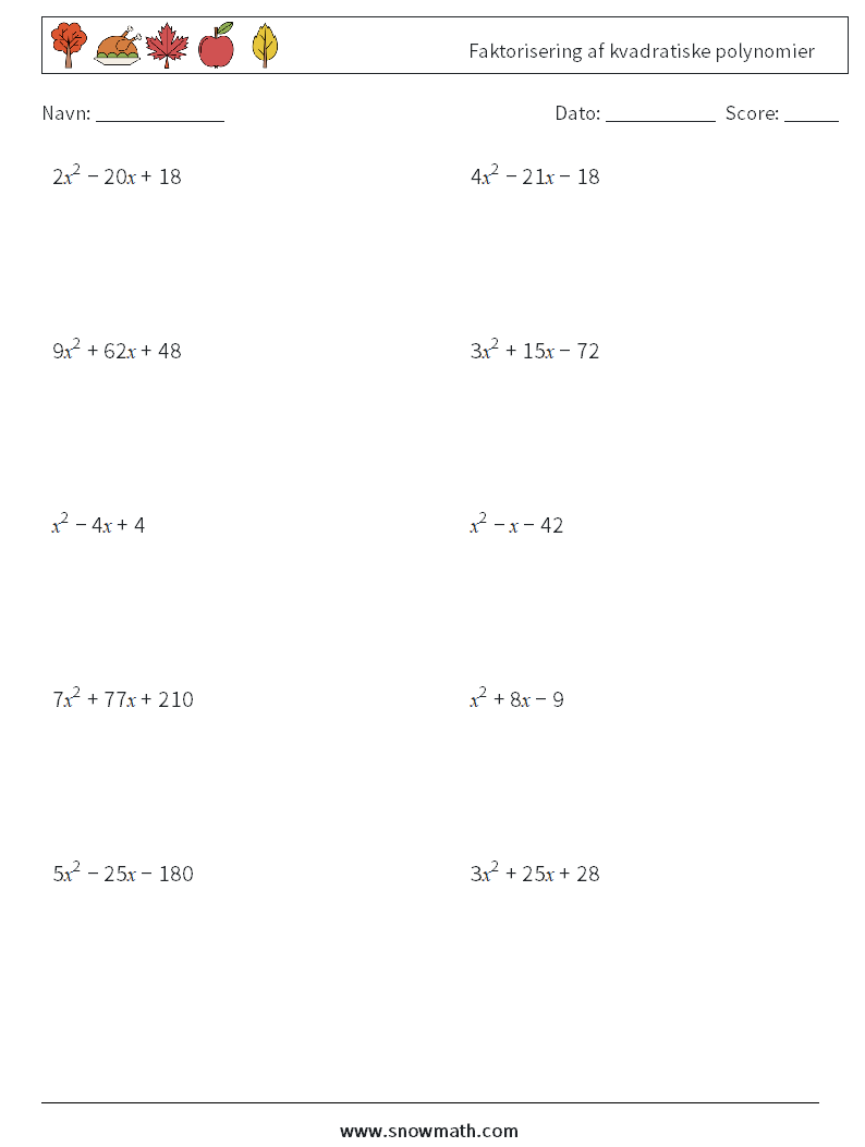 Faktorisering af kvadratiske polynomier Matematiske regneark 7