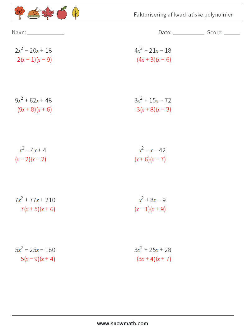 Faktorisering af kvadratiske polynomier Matematiske regneark 7 Spørgsmål, svar