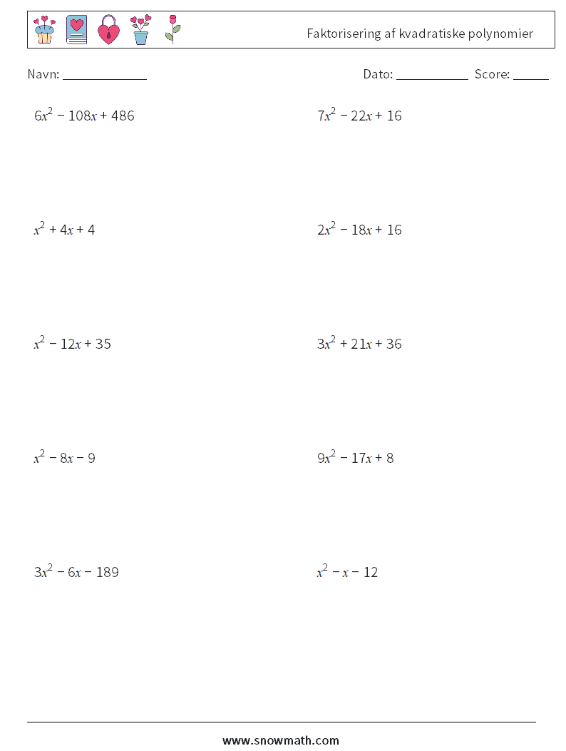 Faktorisering af kvadratiske polynomier Matematiske regneark 8