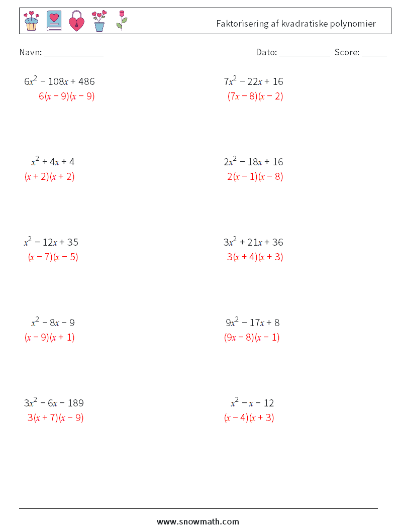 Faktorisering af kvadratiske polynomier Matematiske regneark 8 Spørgsmål, svar