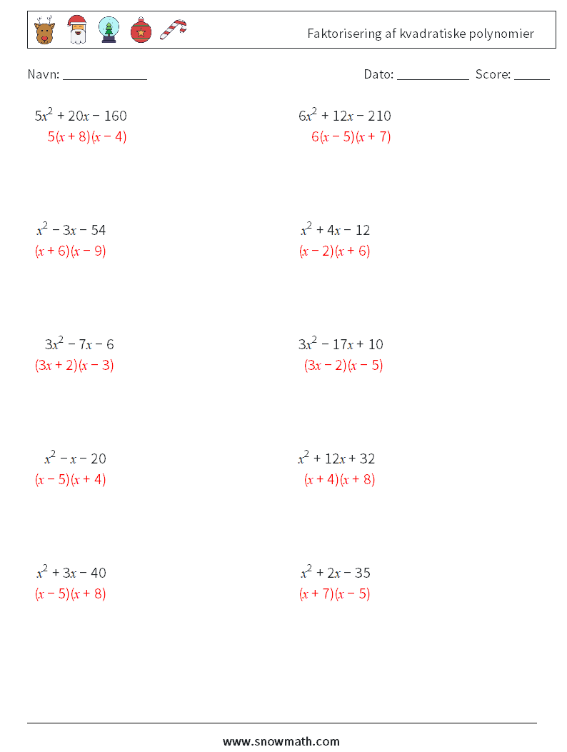 Faktorisering af kvadratiske polynomier Matematiske regneark 9 Spørgsmål, svar