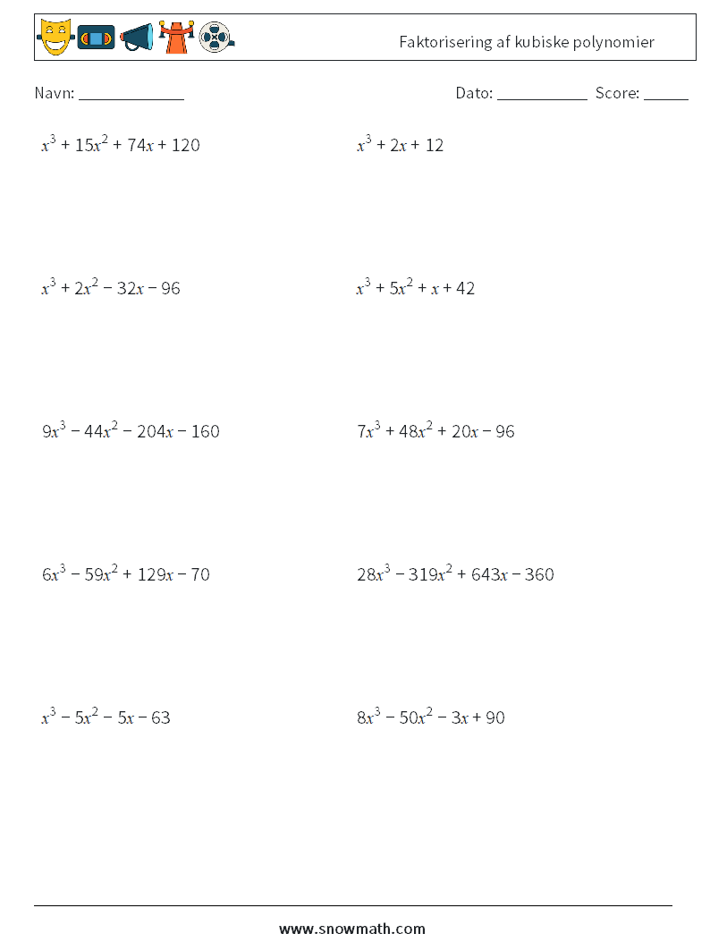 Faktorisering af kubiske polynomier Matematiske regneark 1