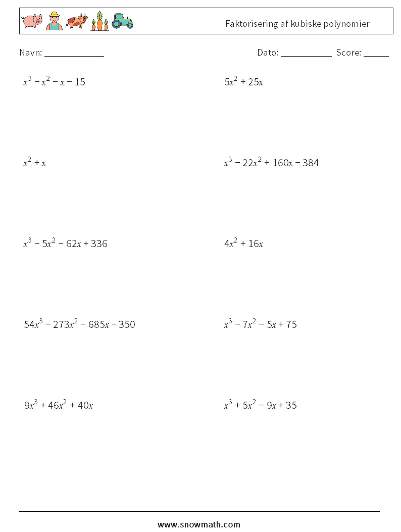 Faktorisering af kubiske polynomier Matematiske regneark 3