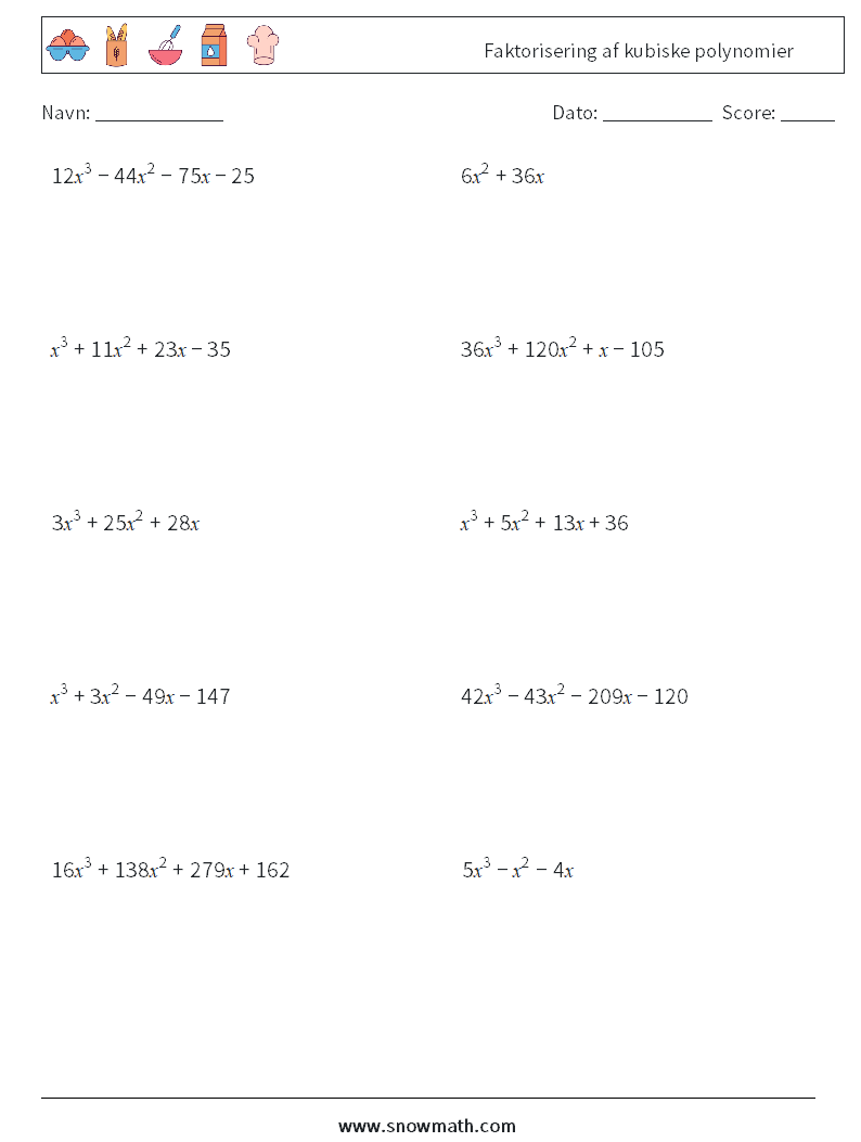 Faktorisering af kubiske polynomier Matematiske regneark 4