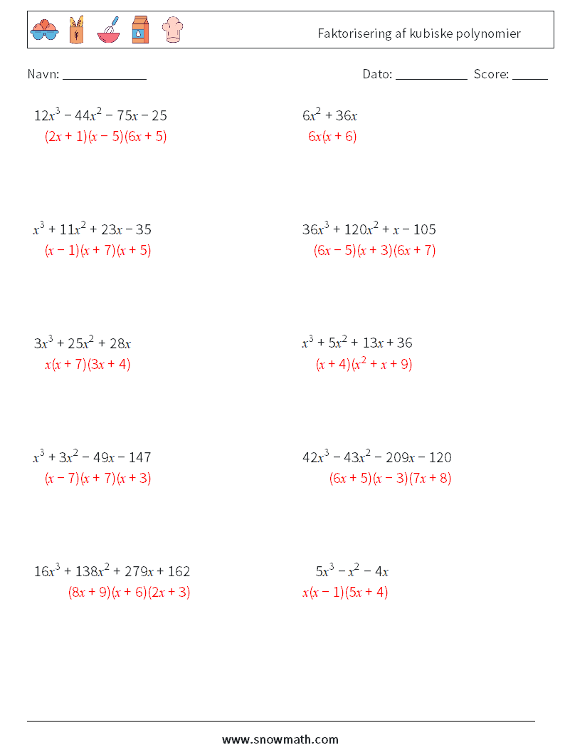 Faktorisering af kubiske polynomier Matematiske regneark 4 Spørgsmål, svar