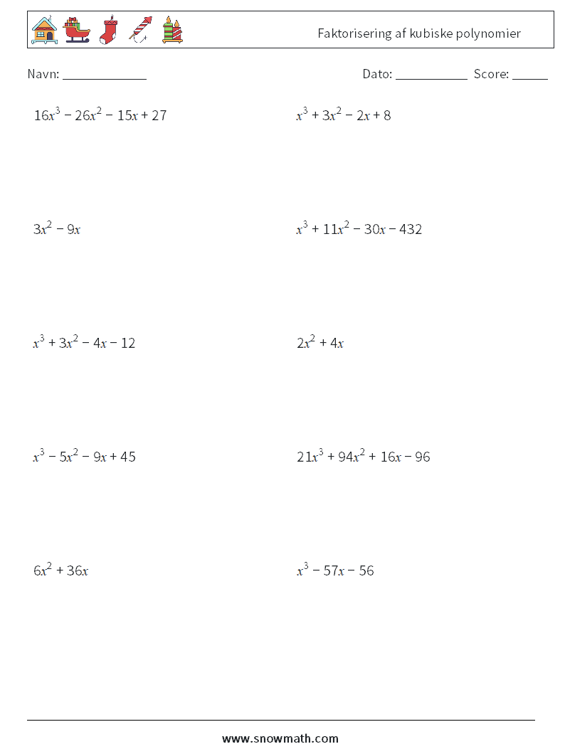 Faktorisering af kubiske polynomier Matematiske regneark 5