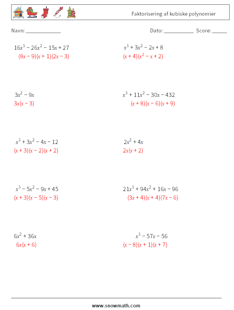 Faktorisering af kubiske polynomier Matematiske regneark 5 Spørgsmål, svar