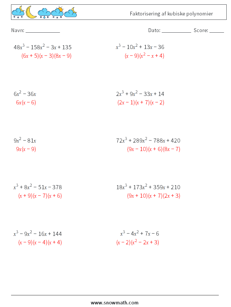 Faktorisering af kubiske polynomier Matematiske regneark 7 Spørgsmål, svar