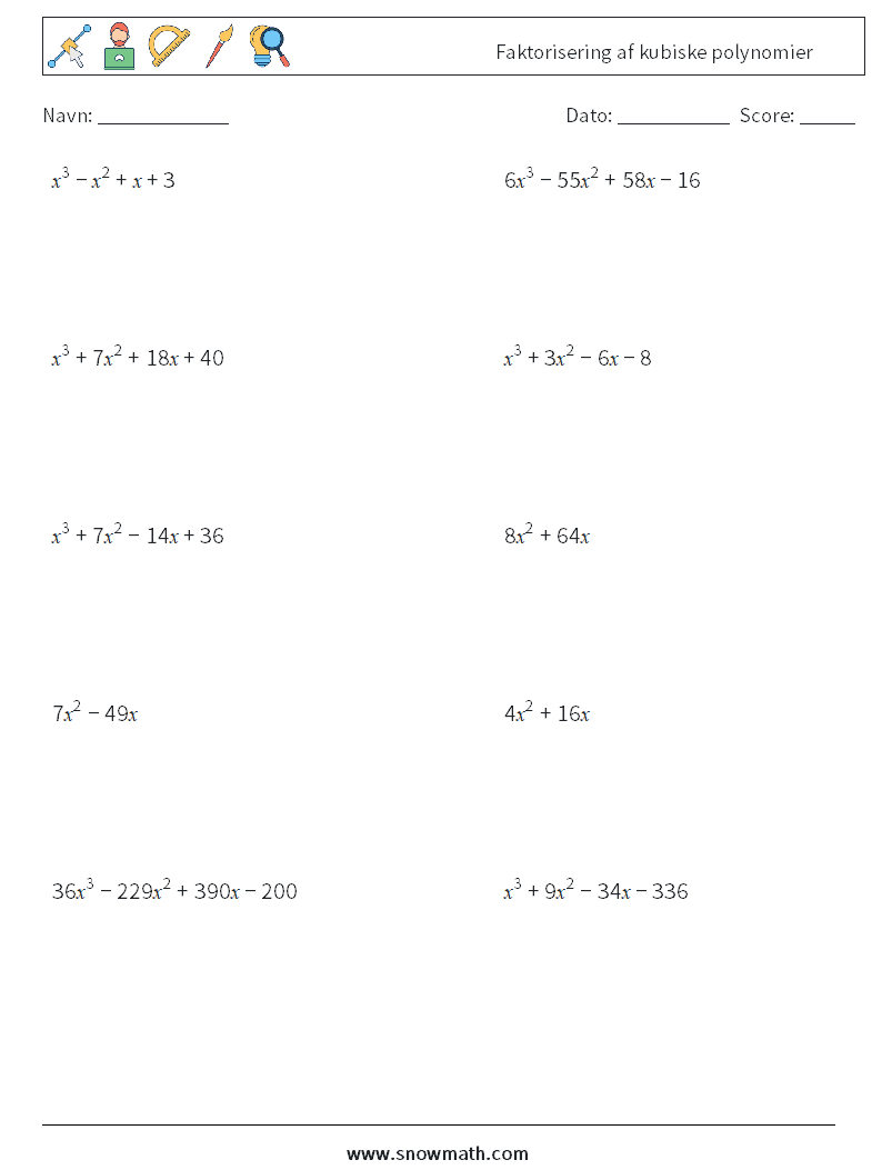 Faktorisering af kubiske polynomier Matematiske regneark 8