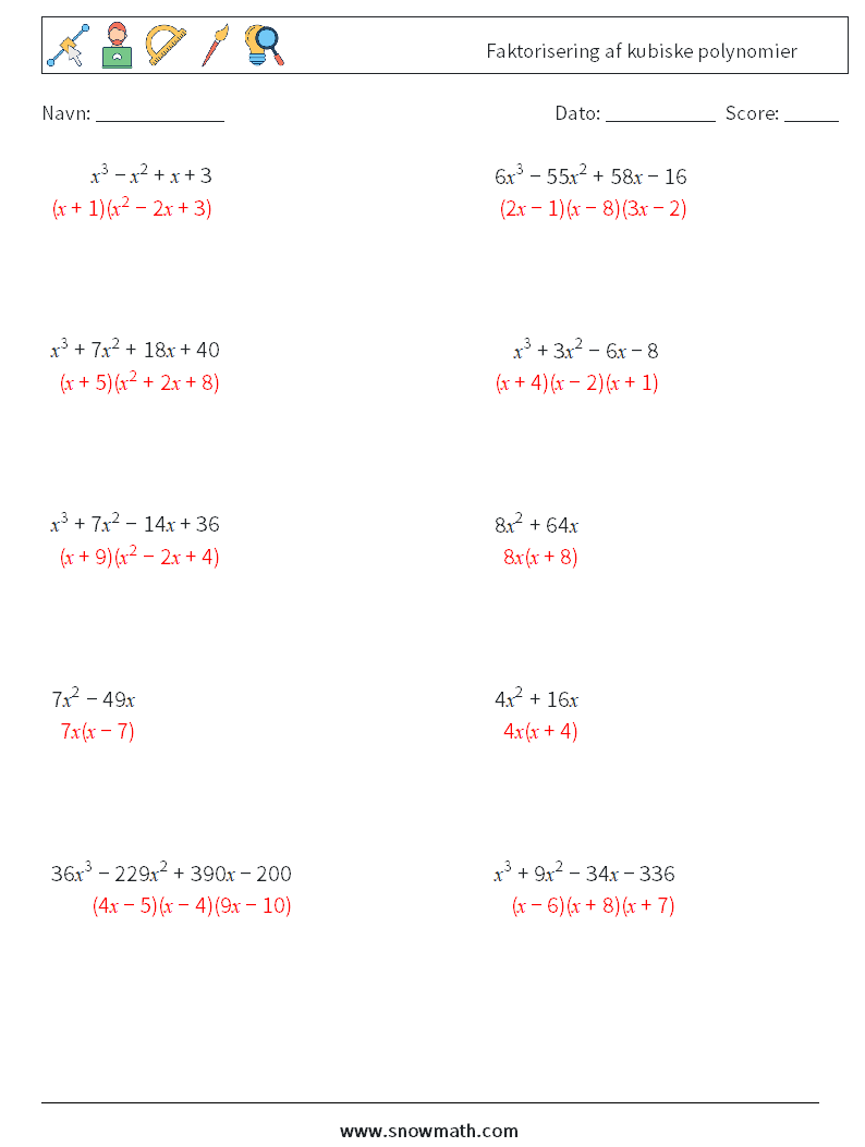 Faktorisering af kubiske polynomier Matematiske regneark 8 Spørgsmål, svar