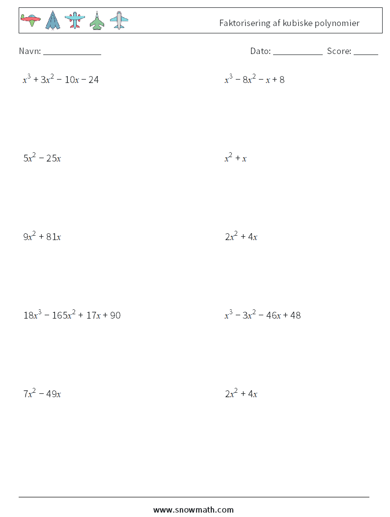 Faktorisering af kubiske polynomier Matematiske regneark 9