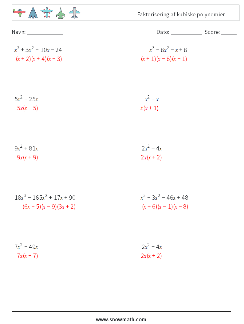 Faktorisering af kubiske polynomier Matematiske regneark 9 Spørgsmål, svar