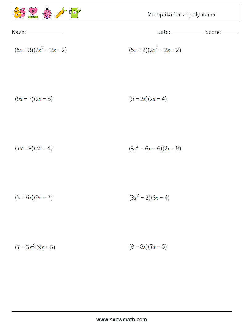 Multiplikation af polynomer Matematiske regneark 3