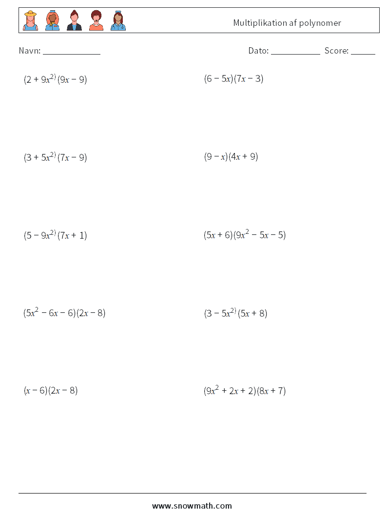 Multiplikation af polynomer Matematiske regneark 5