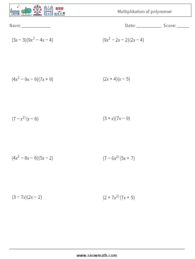 Multiplikation af polynomer Matematiske regneark 6