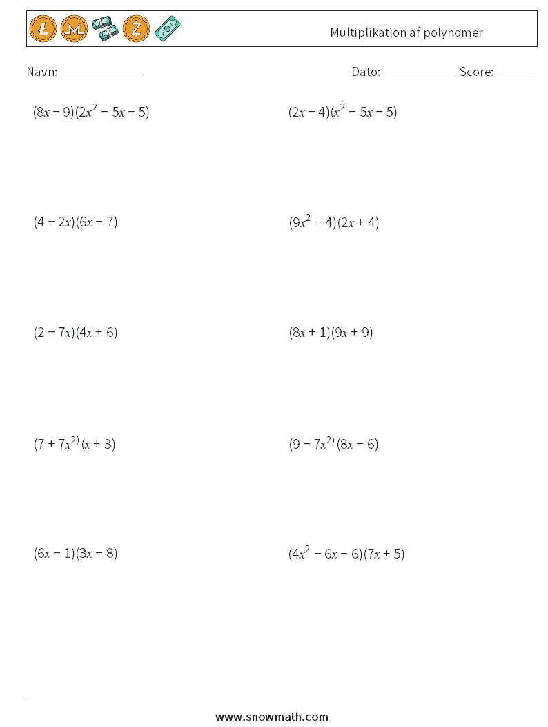 Multiplikation af polynomer Matematiske regneark 7