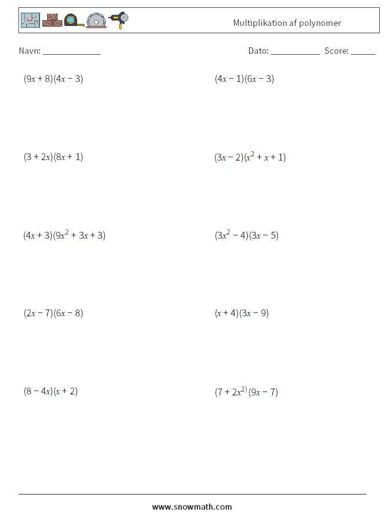 Multiplikation af polynomer Matematiske regneark 8