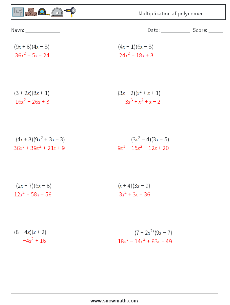 Multiplikation af polynomer Matematiske regneark 8 Spørgsmål, svar